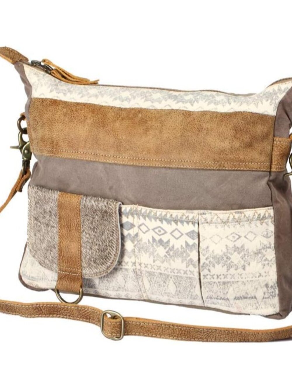 Canvas Mexican Bag - Fabric Boho Purses for Women with Genuine Leather Detailing